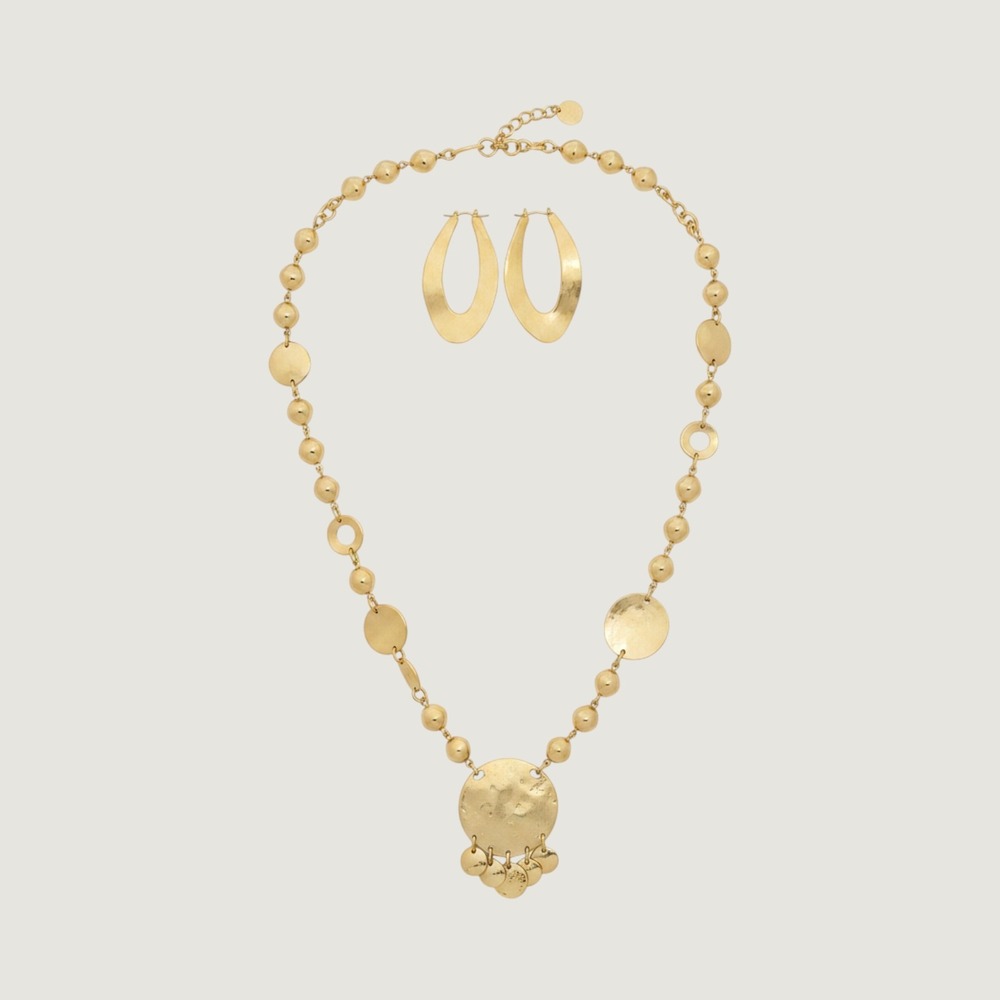 Chunky Modernist Gold Hammered Coin‎ Necklace and Oval Hoop Earrings Set Bold